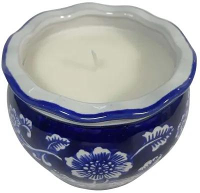 4", 7oz Round Chinoiserie Candle , Blue/white