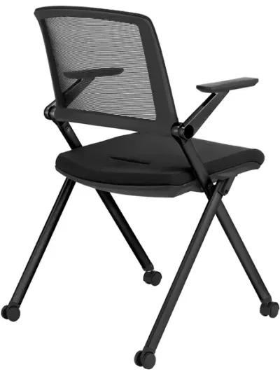 Reino Stacking Visitor Chair with Black Seat Fabric and Black Mesh Back with Matte Black Frame - Set of 2