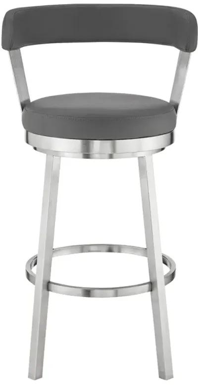 Kobe 26" Counter Height Swivel Bar Stool in Brushed Stainless Steel Finish and Gray Faux Leather