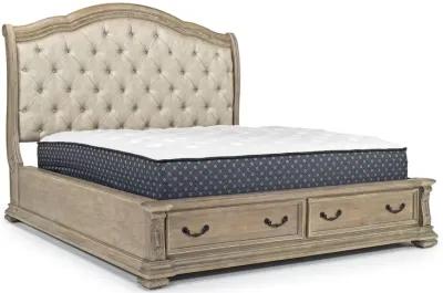 Durango Upholstered Sleigh Bed w/ Storage, Dresser & Mirror in Fawn, CA King