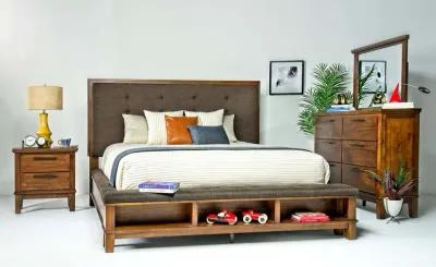 Cagney Upholstered Panel Bed w/ Storage, Dresser & Mirror in Brown, Eastern King