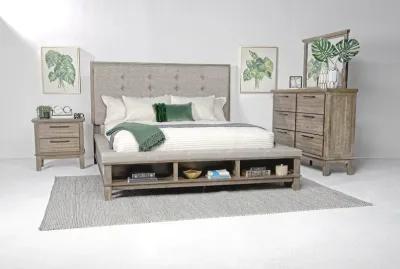 Cagney Upholstered Panel Bed w/ Storage, Dresser, Mirror & Nightstand in Gray, Eastern King