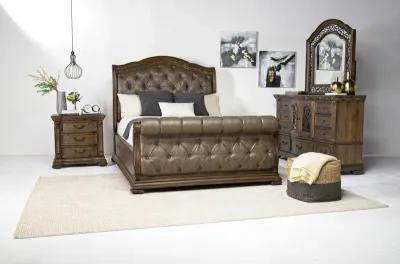 Durango Upholstered Sleigh Bed, Dresser & Mirror in Willadeene, Queen