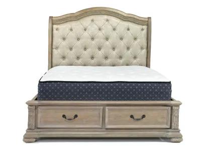 Durango Upholstered Sleigh Bed w/ Storage, Dresser & Mirror in Fawn, Queen