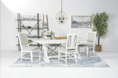 Bay Creek Extendable Dining Table & 4 Upholstered V-Back Chairs in Chalk White