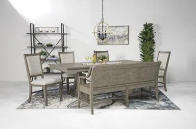 Bay Creek Extendable Dining Table, 4 Upholstered V-Back Chairs & High Back Bench in Light Gray