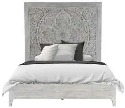 Boho Chic Platform Bed, Dresser, Mirror & Nightstand in Washed White, Queen