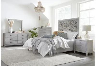 Boho Chic Platform Bed, Dresser, Mirror & Nightstand in Washed White, Full