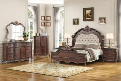 Constantine Upholstered Bed, Dresser & Mirror in Cherry, CA King