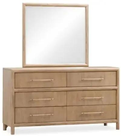 Dorsey Panel Bed w/ Storage, Dresser, Mirror & 2 Drawer Nightstand in Granola, Eastern King