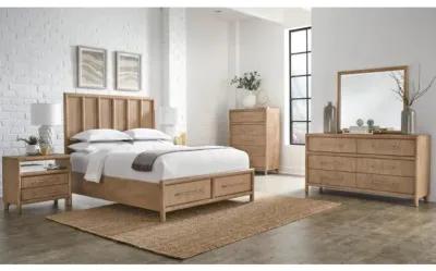 Dorsey Panel Bed w/ Storage, Dresser, Mirror & 2 Drawer Nightstand in Granola, Eastern King