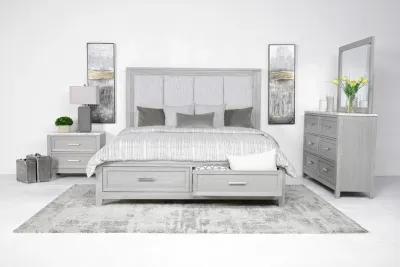 Fiona Storage Bed, Dresser, Mirror & Nightstand in Mist Gray, Eastern King