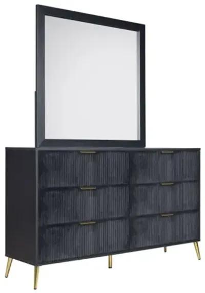 Kailani Upholstered Panel Bed, Dresser, Mirror & Nightstand in Black, Queen