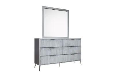 Kailani Upholstered Panel Bed, Dresser, Mirror & Nightstand in Gray, Queen