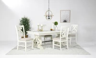 Stone Extendable Dining Table & 4 Chairs in White, Upholstered Harp