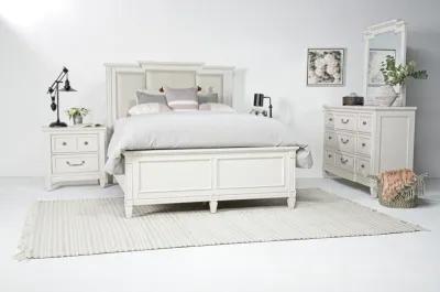 Willowbrook Upholstered Bed, Dresser & Mirror in Egg Shell White, Queen