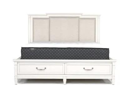 Willowbrook Upholstered Bed w/ Storage, Dresser & Mirror in Egg Shell White, Eastern King