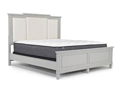 Willowbrook Upholstered Panel Bed, Dresser& Mirror in Pebble, Eastern King