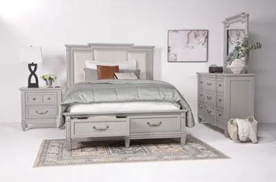 Willowbrook Upholstered Panel Bed w/ Storage, Dresser & Mirror in Pebble, Queen