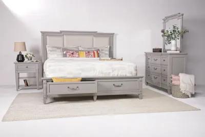 Willowbrook Upholstered Panel Bed w/ Storage, Dresser & Mirror in Pebble, CA King