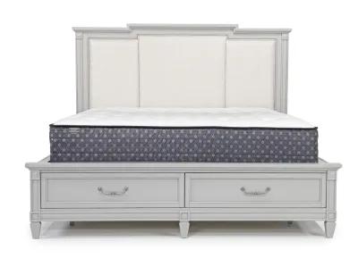 Willowbrook Upholstered Panel Bed w/ Storage, Dresser & Mirror in Pebble, Eastern King