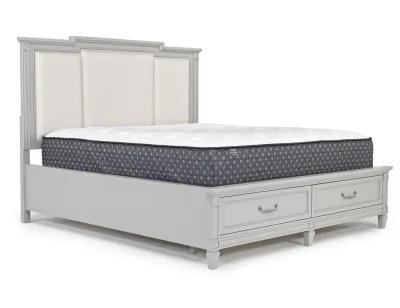 Willowbrook Upholstered Panel Bed w/ Storage, Dresser & Mirror in Pebble, Eastern King