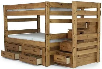 Young Pioneer Bunk Bed w/ Storage Steps & 4 Storage Drawers in Natural, Full/Full