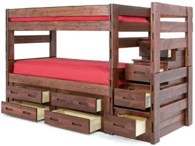 Young Pioneer Bunk Bed w/ Storage Steps & 4 Storage Drawers in Cinnamon, Twin/Twin