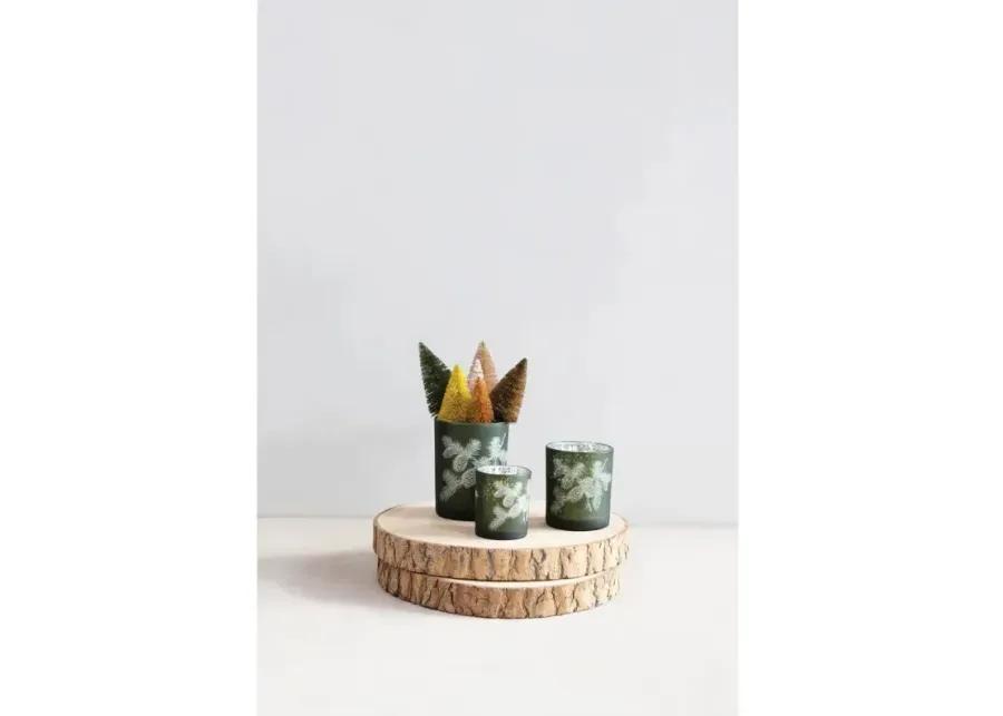 Mercury Glass Candle Holder with Laser Etched Pinecones, Green