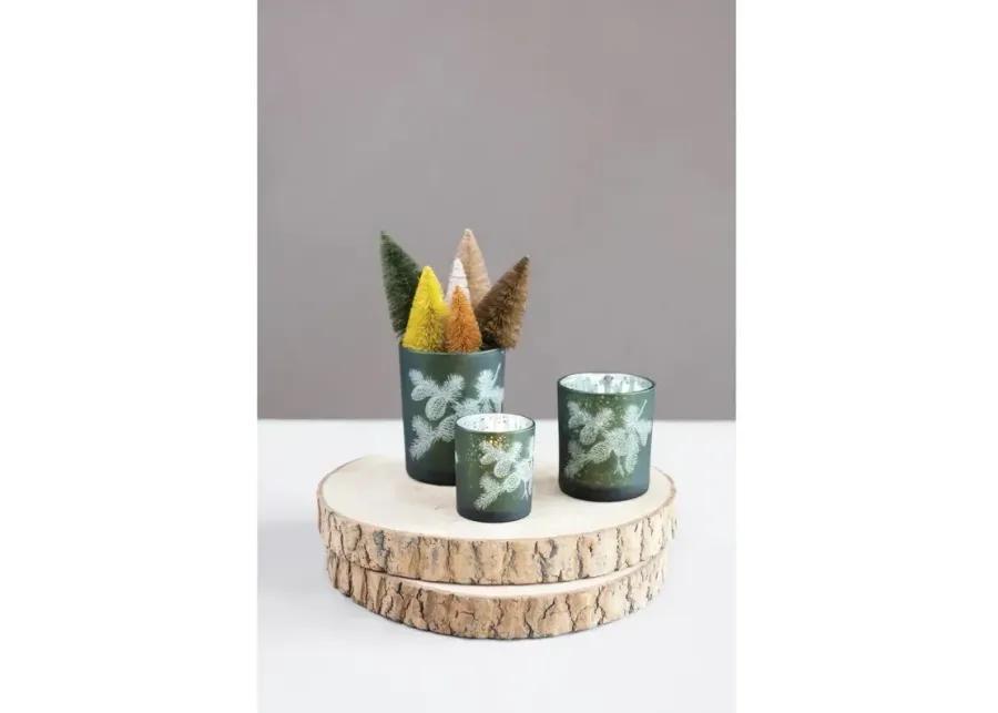 Mercury Glass Candle Holder with Laser Etched Pinecones, Green