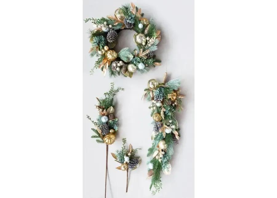 Faux Greenery Swag with Ball Ornaments, Pinecones and Glitter, Silver and Gold Finish