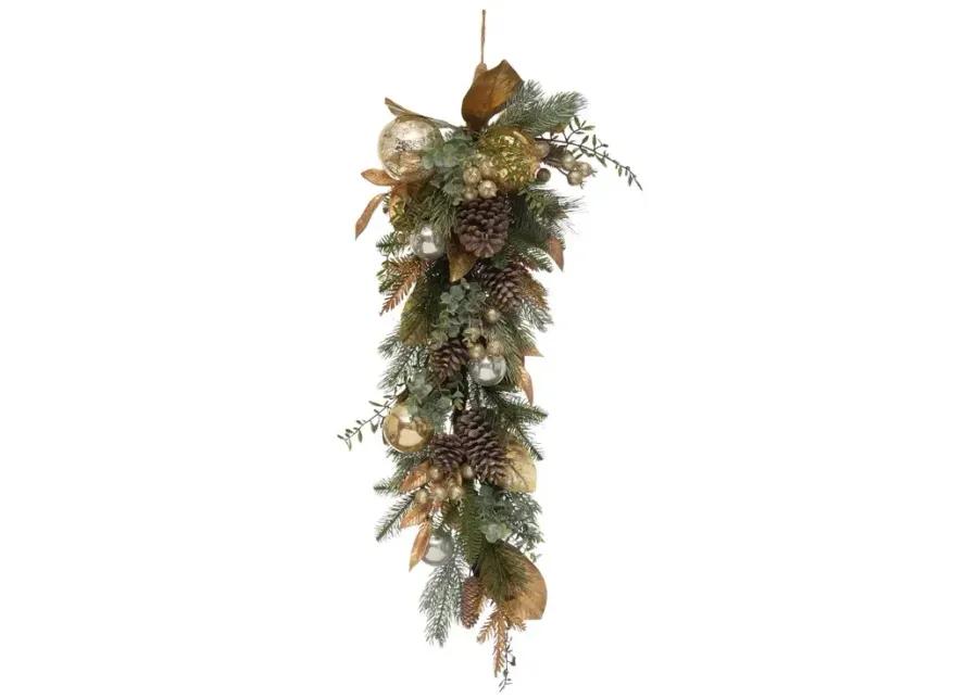 Faux Greenery Swag with Ball Ornaments, Pinecones and Glitter, Silver and Gold Finish