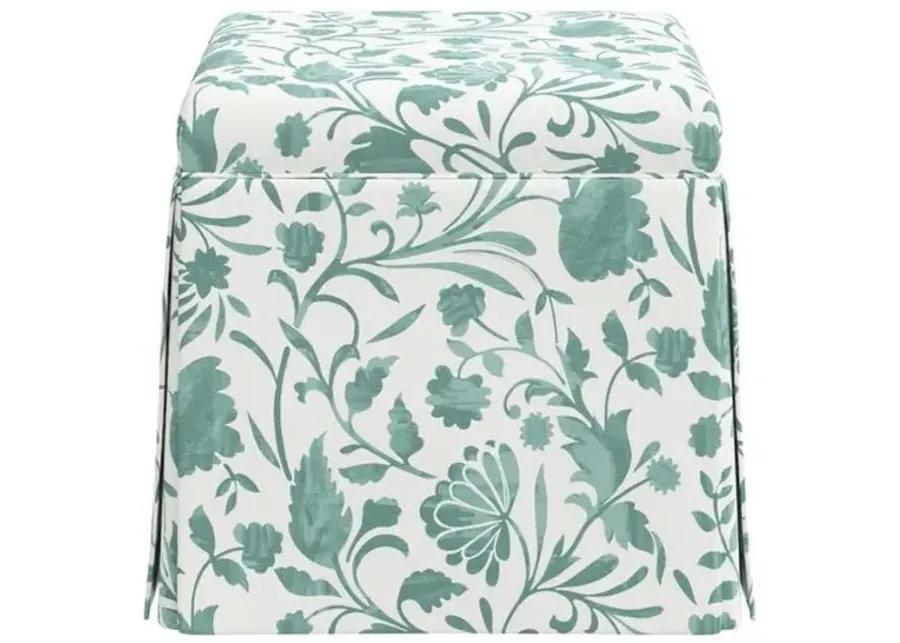 Anne Skirted Storage Ottoman - Vine Floral - Green