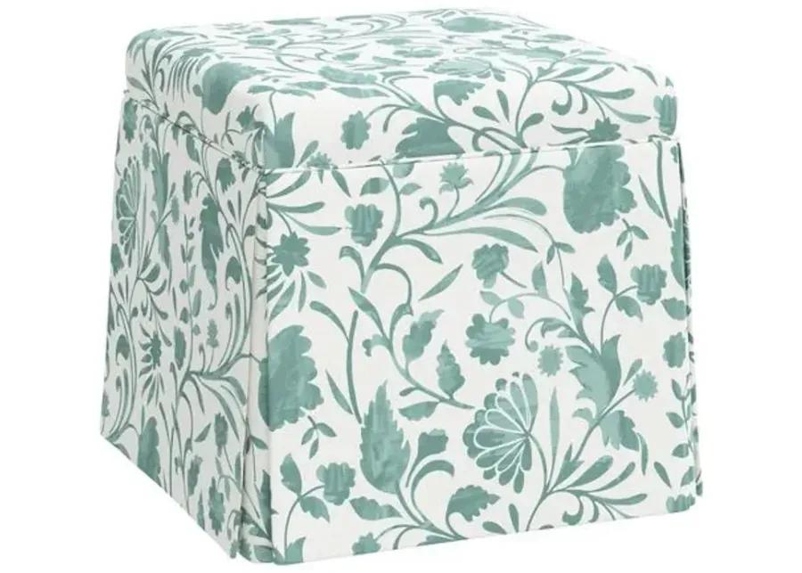 Anne Skirted Storage Ottoman - Vine Floral - Green