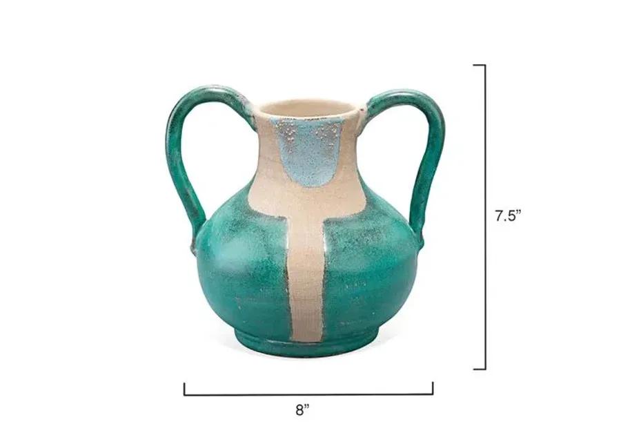 Maye Two Handled Ceramic Vessel - Aqua/Cream - Jamie Young Co. - Blue