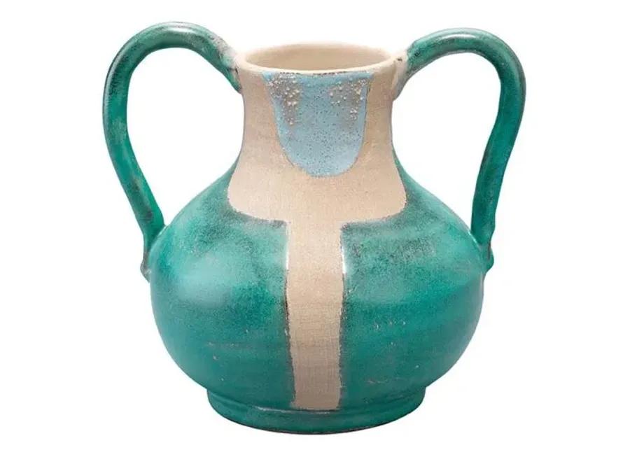 Maye Two Handled Ceramic Vessel - Aqua/Cream - Jamie Young Co. - Blue