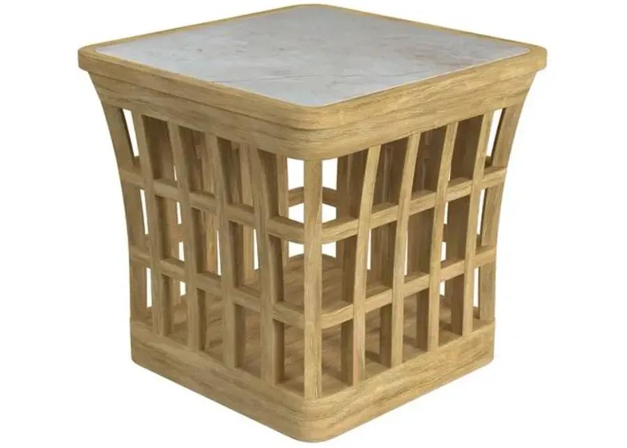 Shelly Outdoor End Table - Natural Teak/Marble - Ivory