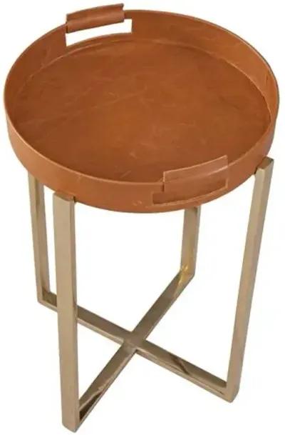 Torrance Accent Table - Gold/Brown Leather - 14Lx22Hx14Wx14D in