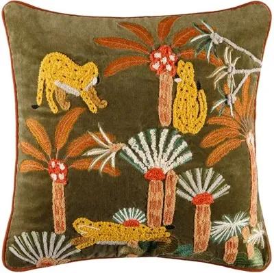 Junglesque Embroidered 13x21 Lumbar Pillow - Dark Green/Coral