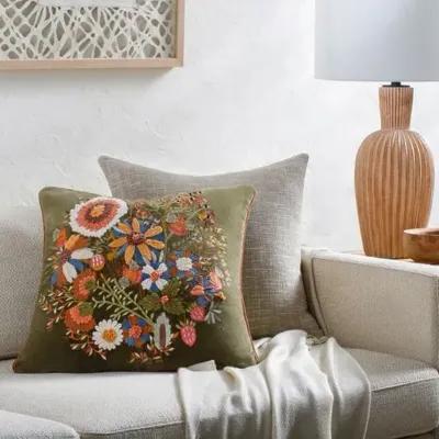 Willa Bea Embroidered Pillow - Dark Green/Coral