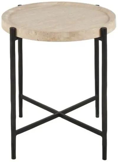 Arlene Round End Table - Travertine - White