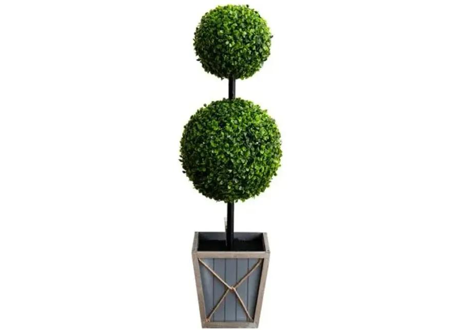 3ft. UV Resistant Artificial Double Ball Boxwood Topiary with LED Lights in Decorative Planter - Green - 36Hx11Wx11D in