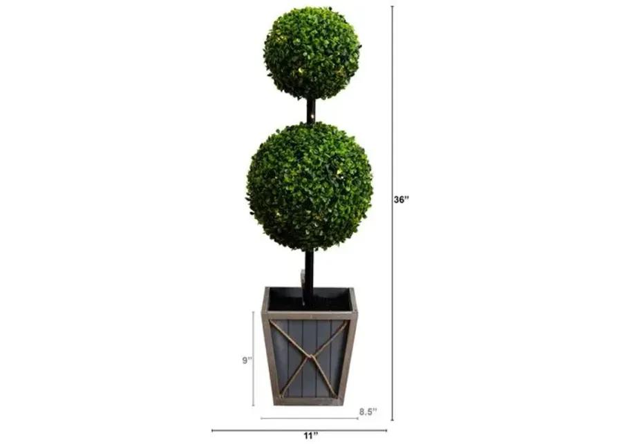 3ft. UV Resistant Artificial Double Ball Boxwood Topiary with LED Lights in Decorative Planter - Green - 36Hx11Wx11D in