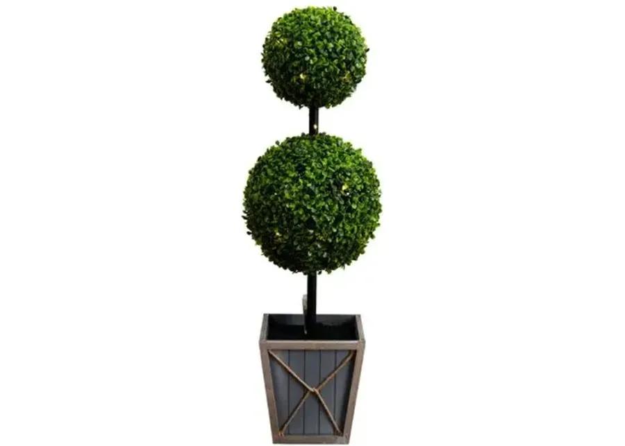 3ft. UV Resistant Artificial Double Ball Boxwood Topiary with LED Lights in Decorative Planter - Green - 36Hx11Wx11D in