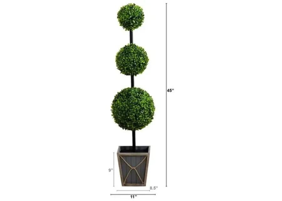 45in. UV Resistant Artificial Triple Ball Boxwood Topiary with LED Lights in Decorative Planter - Green - 45Hx11Wx11D in