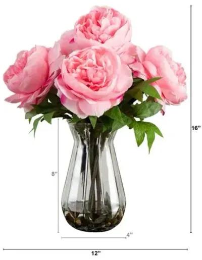 16in. Artificial Peony Arrangement in Glass Vase - Green