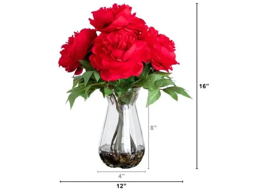 16in. Artificial Peony Arrangement in Glass Vase - Green