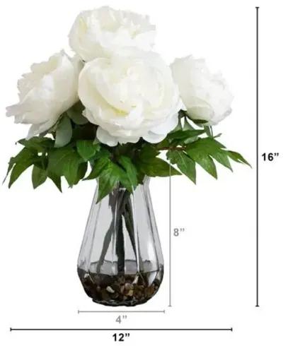 16in. Artificial Peony Arrangement in Glass Vase - White