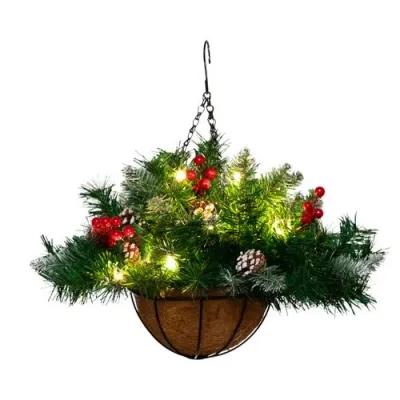 16in. Pre-Lit Artificial Pine and Berry Hanging Basket - Green