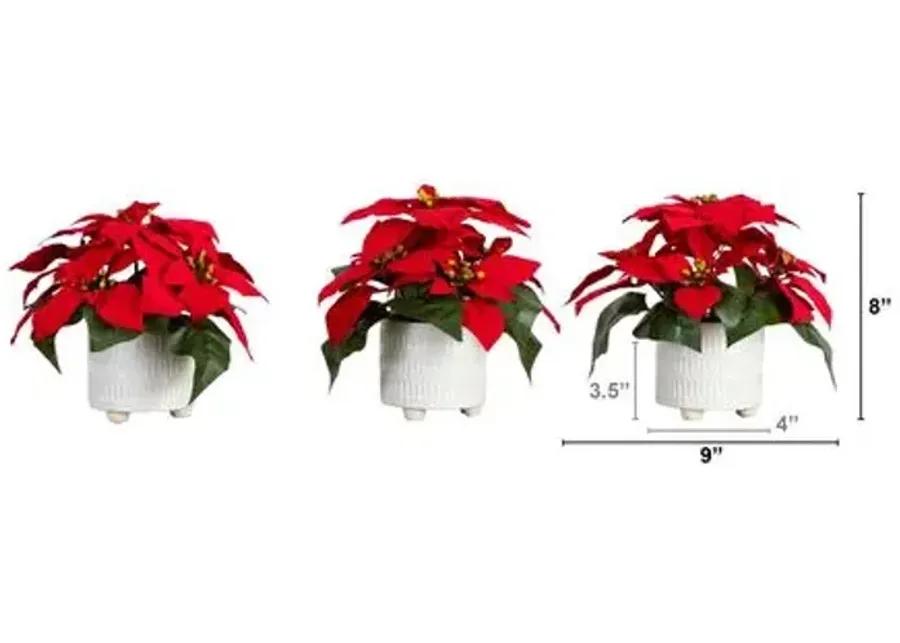 Set of 3 9in. Artificial Poinsettia Arrangements in White Ceramic Pots - Green